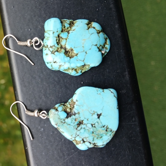 Turquoise Slab Earrings Quality Natural Spiderweb Turquoise - Picture 6 of 9